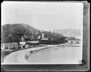 View of Evans Bay, Wellington, showing houses on road near steamships Regulus and Komata on the patent slip