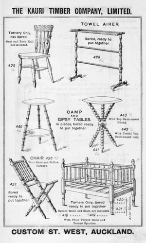 The Kauri Timber Company Ltd (Auckland Office) :Turnery. Towel airer, chair, camp and gypsy tables, [and cot. Catalogue page. ca 1906].