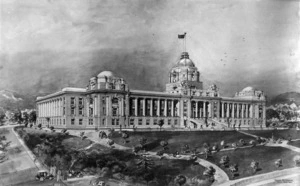 Sketch of proposed Parliament Buildings, Wellington, by Harold Matthewman