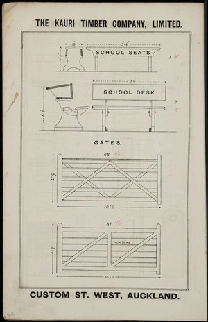 The Kauri Timber Company Ltd (Auckland Office) :School seats, school desk [and] gates. [Catalogue page. ca 1906].