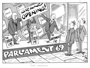 Lodge, Nevile Sidney, 1918-1989 :Shop window. Grand opening! Parliament '69. [19]69.
