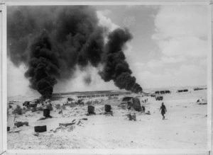 Petrol dumps burning at Mersa Matruh, Egypt - Photograph taken by Captain J White