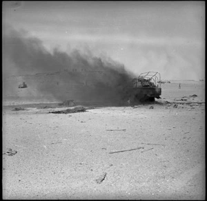 Truck burning in the Western Desert, World War II - Photograph taken by H Paton
