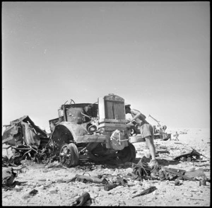German vehicle after a direct hit by a 25 pounder at El Alamein, Egypt - Photograph taken by H Paton