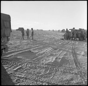 Car tracks in the desert sand, Egypt, World War II - Photograph taken by M D Elias