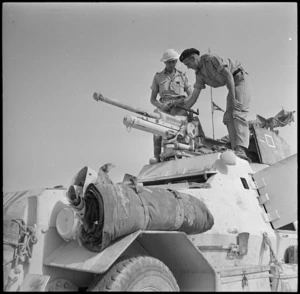 South African shows New Zealander gun fitted to armoured car in the El Alamein area, Egypt - Photograph taken by H Paton