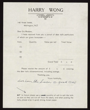 Wong, Harry, fl 1940s :Harry Wong [Receipt for parcel of deer tails. ca 1940?]