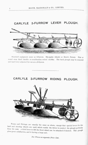 Booth, Macdonald & Co Ltd :Carlyle 3-furrow lever plough [and] Carlyle 3-furrow riding plough. [1907].