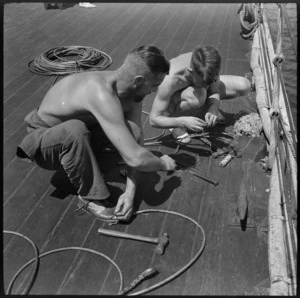 Wire splicers at work on the deck of HMS Leander, Alexandria - Photograph taken by M D Elias