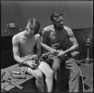 Wire splicers at work aboard HMS Leander, Alexandria - Photograph taken by M D Elias