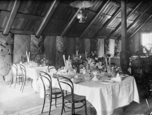 Maori meeting house used as a dining room at the Spa Hotel, Taupo