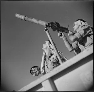 Members of LRDG manning guns during inspection by Commander in Chief of Middle East Forces, World War II