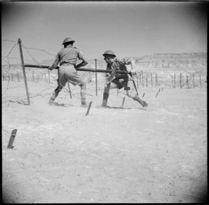 Sappers inserting a Bangalore Torpedo into barbed wire, Egypt