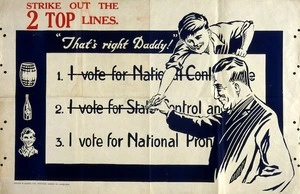 [New Zealand Alliance for the Abolition of the Liquor Traffic] :Strike out the 2 top lines. "That's right, Daddy!" I vote for National Proh[ibition]. Auckland, Wright & Jaques Ltd., Printers, [1925].
