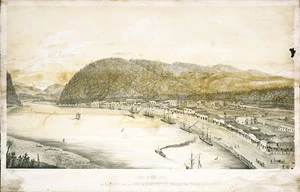 Barke, James F :Grey River gorge, and eastern part of the town of Greymouth, Westland, New Zealand. Drawn by James F Barke, De Gruchy & Leigh, Lith. Melbourne 1866