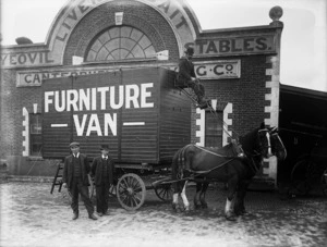 Horse drawn furniture removal van in front of the Canterbury Carrying Co's building, St Asaph Street, Christchurch