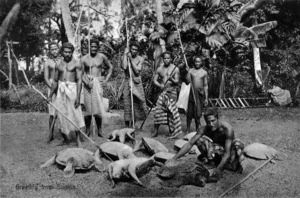 Men alongside a catch of turtles, Samoa