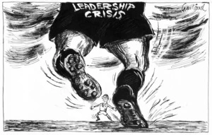 Garland, Nicholas, 1935- :Leadership crisis. [Cartoon inspired by Jonah Lomu in World Cup All Black v. Lions in South Africa and the leadership crisis for British Prime Minister, John Major]. [Published in the] Daily Telegraph [London], Tues 20 June 1995.