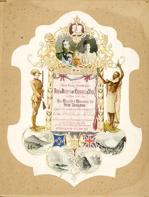 Hawcridge, Robert H, 1866-1920 :Visit of their Royal Highnesses the Duke & Duchess of Cornwall & York to New Zealand. His Majesty's Ministers for New Zealand request the pleasure of the company of ... at the review and presentation of medals to the Officers and men of the South African Contingents, at Auckland on 12th June 1901. R Hawcridge; J Wilkie & Co Lith, Dunedin, N.Z.