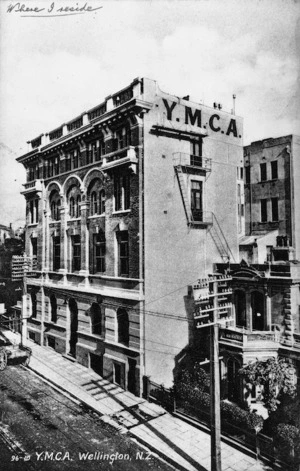 Front of postcard featuring YMCA (Young Men's Christian Association) building, Willis Street, Wellington
