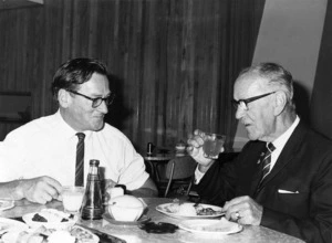 Jim Henderson and Clive Drummond at lunch after recording radio programme, Wellington, 1966