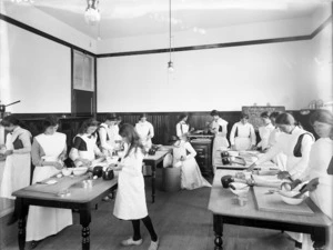 Girls at cookery class, St Margaret's College, Christchurch