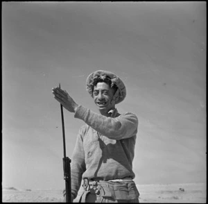 Maori soldier with a bayonet in the Western Desert, during World War II - Photograph taken by H Paton