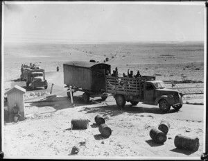 Convoy of troops and supplies going to forward areas during advance into Libya, World War II