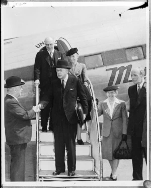 Prime Minister Peter Fraser greeted by Walter Nash at National Airport Washington