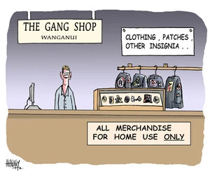 The Gang Shop, Wanganui. Clothing, patches, other insignia. All merchandise for home use only. 12 May 2009