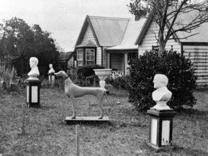Wooden sculptures, carved by George Wakelin, in the garden of "Rose Cottage", Moroa, Wairarapa