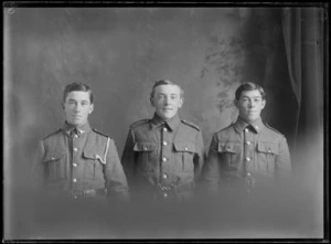 Head-and-shoulders studio portrait of three unidentified young men, wearing military uniforms, possibly Christchurch district