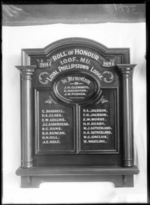 Roll of Honour Board 1914-1919, Loyal Phillipstown Lodge, Christchurch