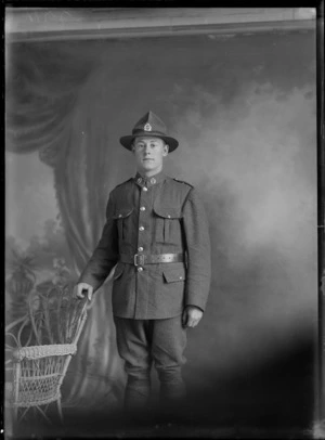 Studio portrait of unidentified soldier in uniform, probably Christchurch