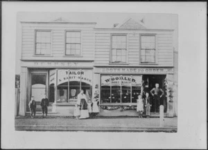 Street view of Dempsey's Tailor and Habit Maker, and Woodard's Boot Makers, Victoria Street, Christchurch