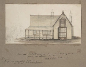 Pearse, John, 1808-1882 :Elevation of John Pearse's proposed house on Wellington Terrace facing the harbour. Note - proposed alteration of chimneys to 'puzzle the earthquakes'. [1854 or 1855?]