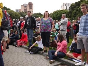 Photographs of people observing two minutes silence for Christchurch Earthquake at Parliament