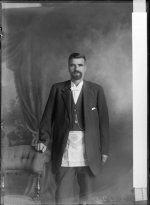Studio portrait of an unidentified Freemason, wearing a Masonic apron, probably Christchurch district