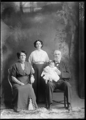 Studio portrait of unidentified family group, showing elderly couple, woman and baby, probably Christchurch district