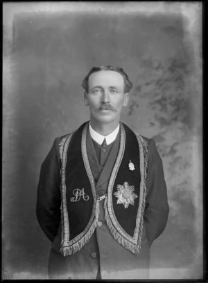 Studio portrait of unidentified man, in a Freemason's vest, probably Christchurch district