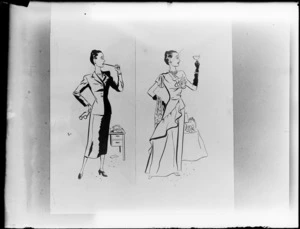 Sketch of a woman in a business suit and then the same woman in an evening gown with a glass of champagne [sketched by William Haythornthwaite?]