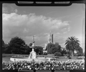 Auckland University Clock Tower, including Albert Park fountain in the foreground