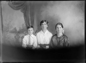 Head and shoulders studio portrait of unidentified mature woman, young woman and boy, probably Christchurch district