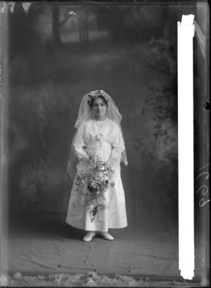 Studio portrait of unidentified bride, probably Christchurch district