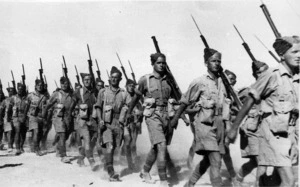 Soldiers of 2nd NZEF 20 Battalion C Company marching in Baggush, Egypt