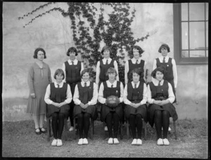 Hastings High School 1st IX girls basketball team, in front of building, Hawke's Bay District