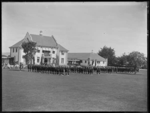 Hastings High School, boy cadets out on parade in front of girls and teachers, Hawke's Bay District