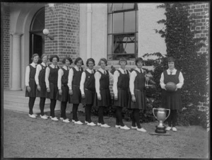 Hastings High School girls basketball team with cup, Hawke's Bay District