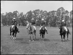 Wairarapa men's polo team with horses and mallets, Hawke's Bay District