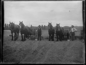 Two men with shovels and horse and cart possibly constructing a road, Hawke's Bay District
